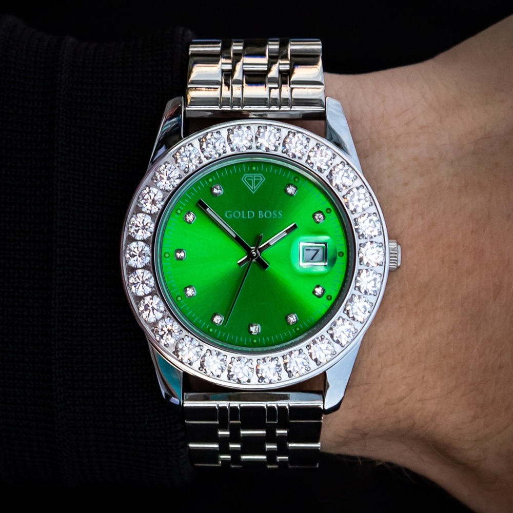 NEW IN BOX Polished SS Watch with Green CZ Bezel